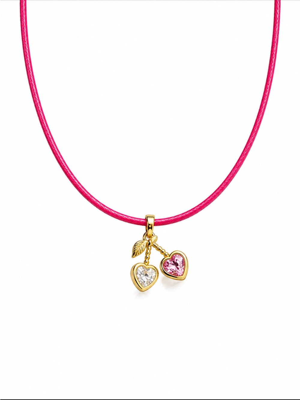 Gold Heart Pendant Necklace with Pink Cord and Dual Heart Stones - Picture 2 of 4